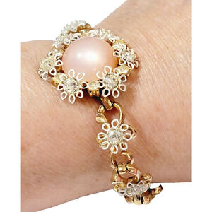 Vintage Pink Moonglow Bracelet, Enamel Flower LInks Lucite Mid-Century gbr-55
